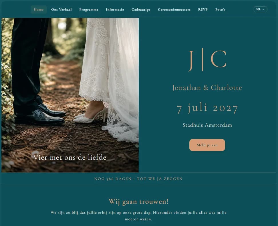 Emerald Luxury thema voor een trouwwebsite